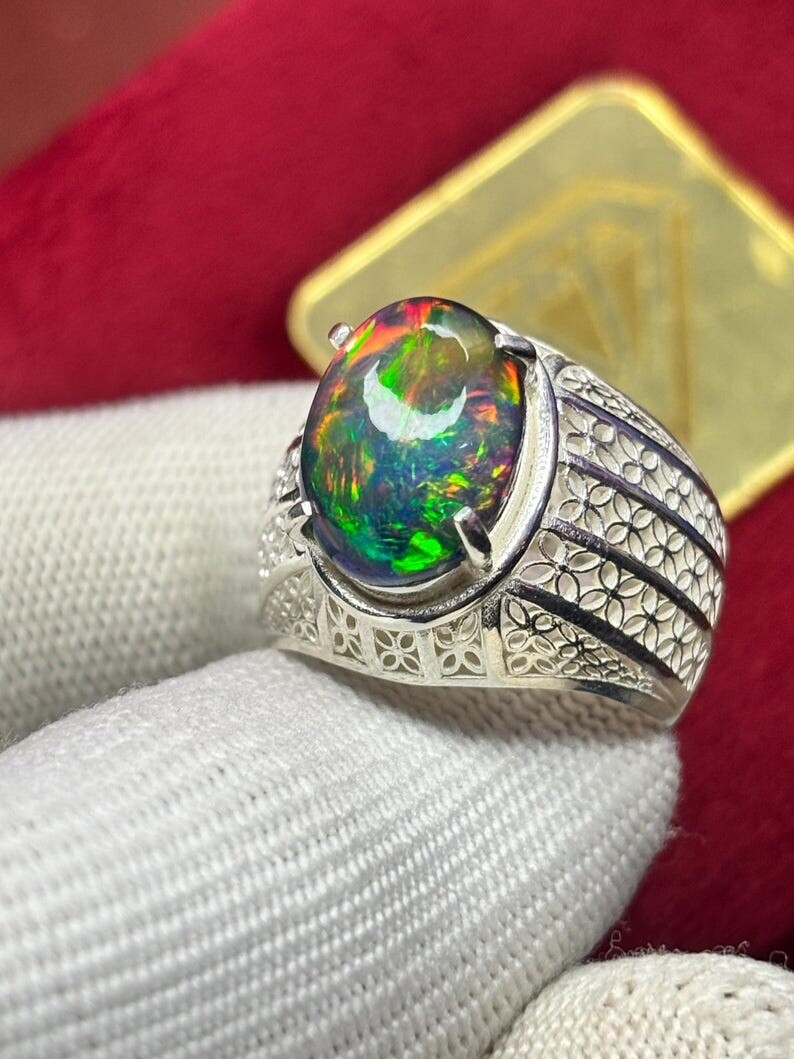 High Fire Natural Black Opal Ring, Fire Black Opal Men’s Ring, Ring For Men