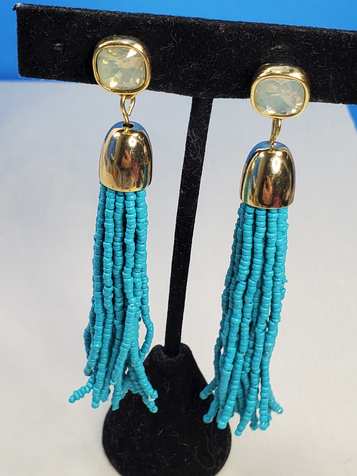 Earrings Opalescent Rhinestone Blue Beaded Pierced Dangle  @ trueblue0080 -e5