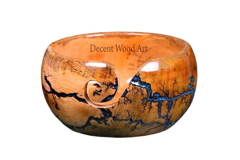 Wooden Lichtenberg Figure Large Yarn Bowl for Knitting & Crocheting, Blue Resin