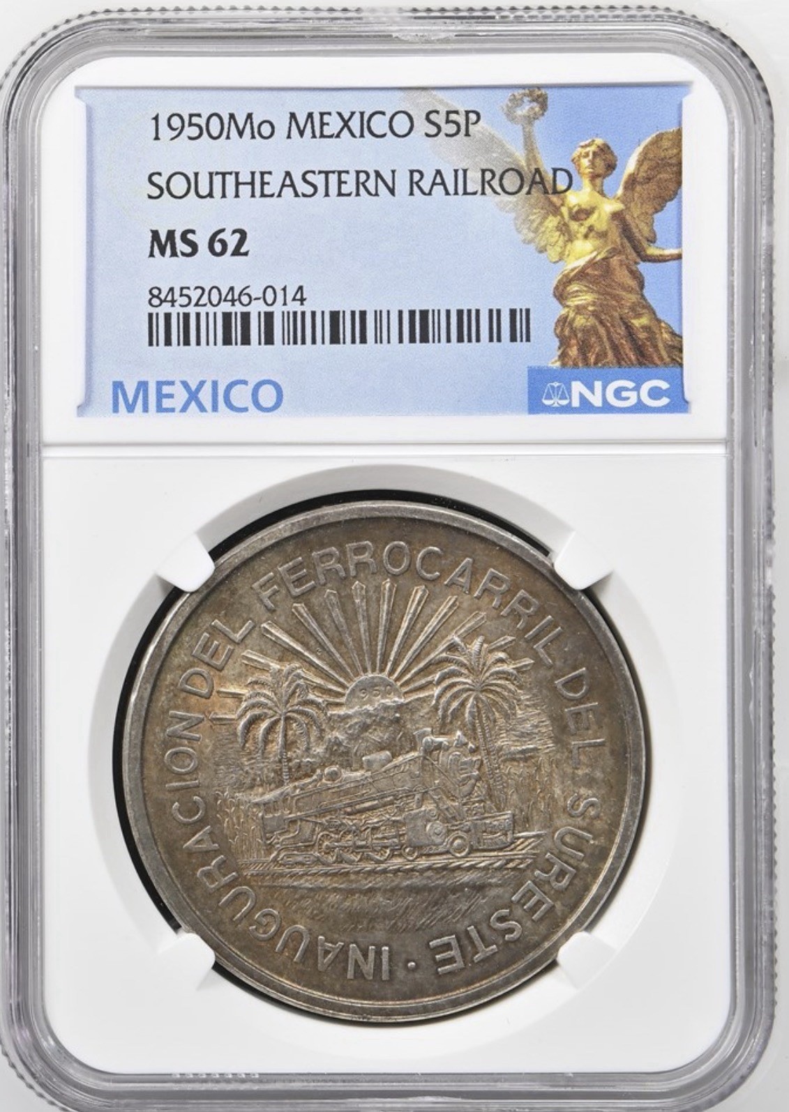 🔥🔥1950 Mexico Silver Cinco Pesos Southeastern Railroad -NGC MS 62 TONER!🔥🔥