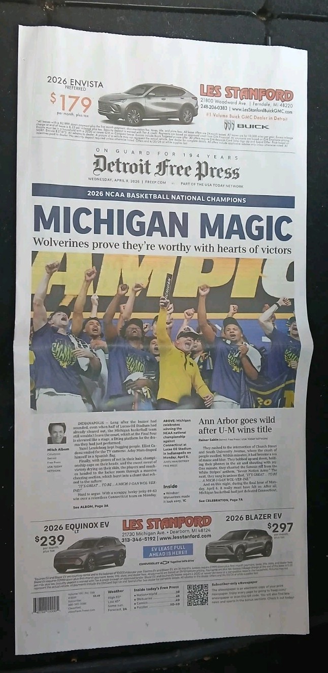 2026 National Championship Michigan Wolverines Basketball Newspaper Detroit FP