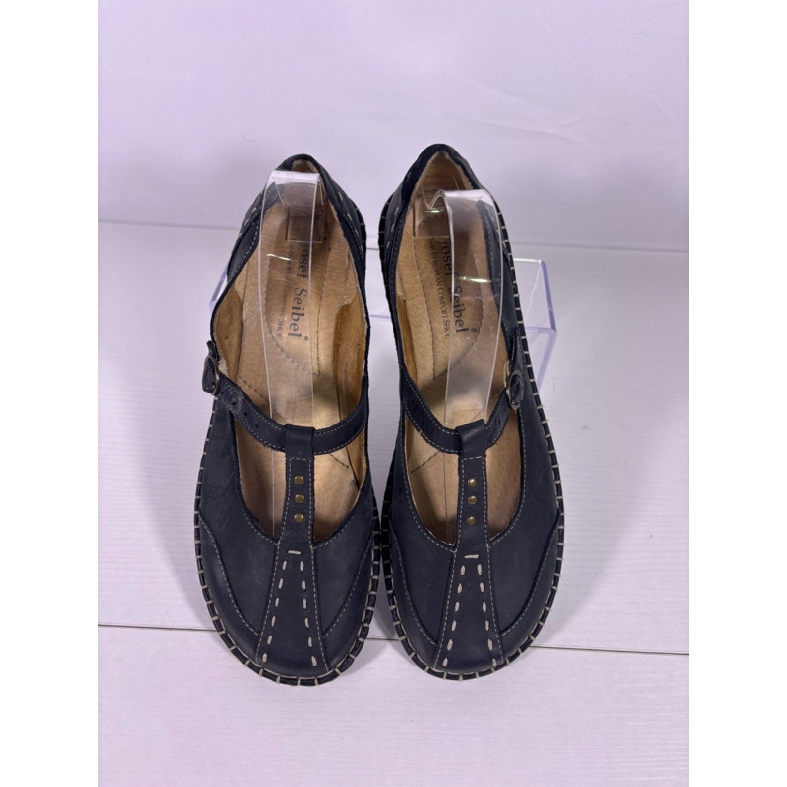 Josef Seibel Black Leather Mary Jane Flats Contrast Stitching Comfort Shoes 41