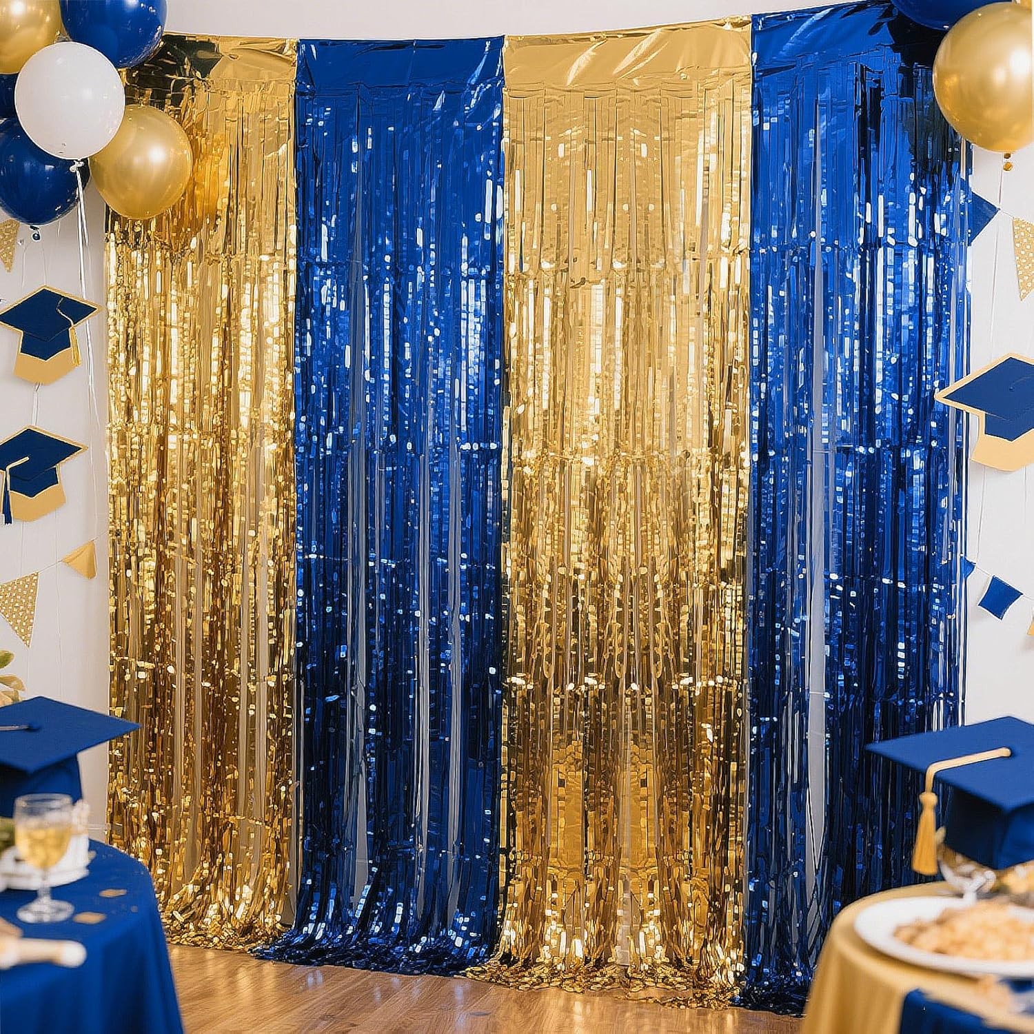 2pcs Foil Fringe Curtains Blue and Gold, 3.3x6.6ft Tinsel Streamer Backdrops