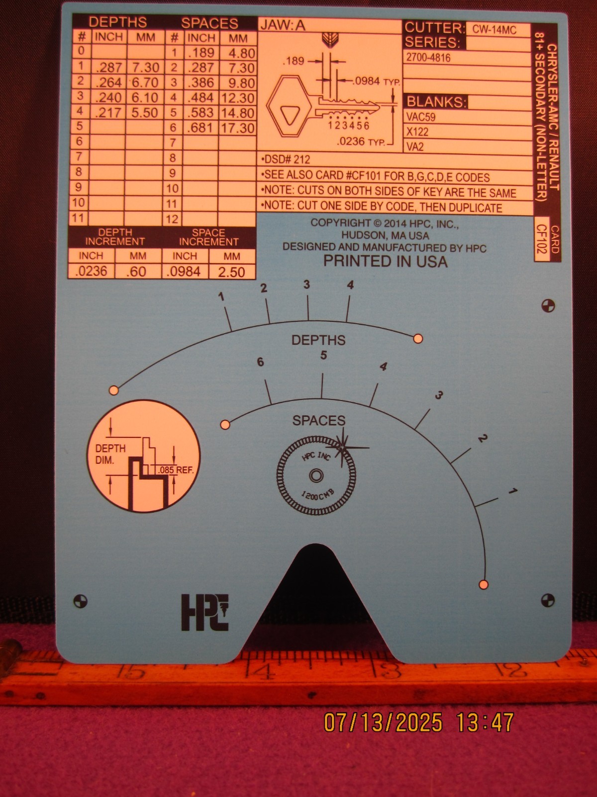 HPC 1200 BLITZ KEY CODE CARD CF 102  ( CHRYSLER AMC RENAULT 81+  ) BRAND NEW