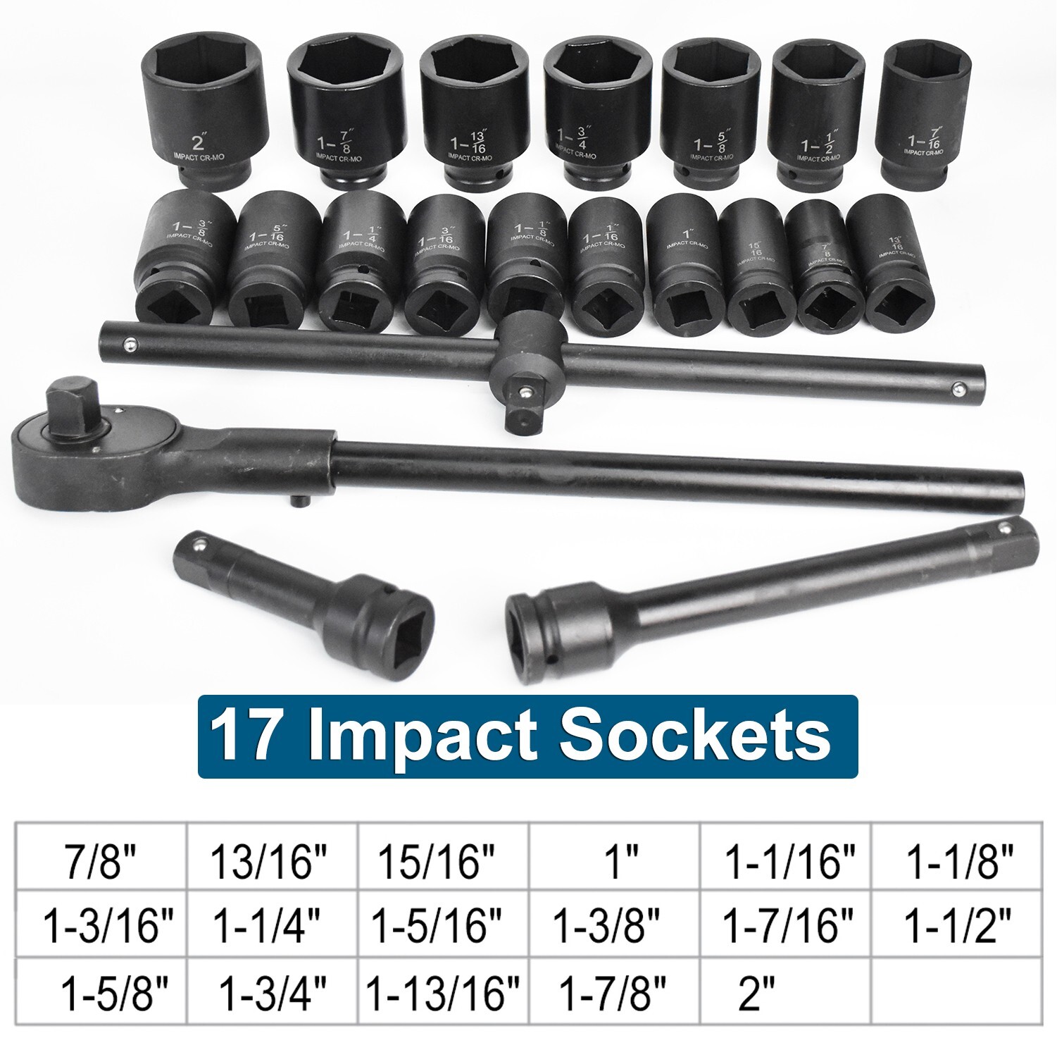 22Pcs Impact Socket Set 3/4" Drive Deep SAE Cr-Mo Extension Bar Sliding T-Bar