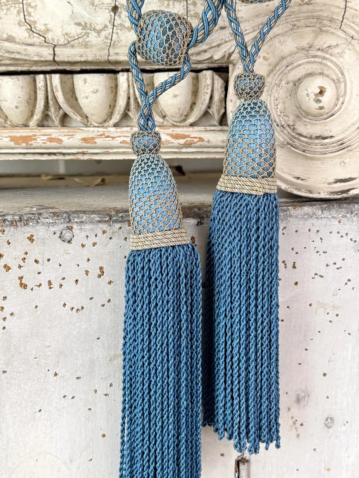 2 ( 6 available) French curtain tassel tieback Blue 1940's country cottage Vict
