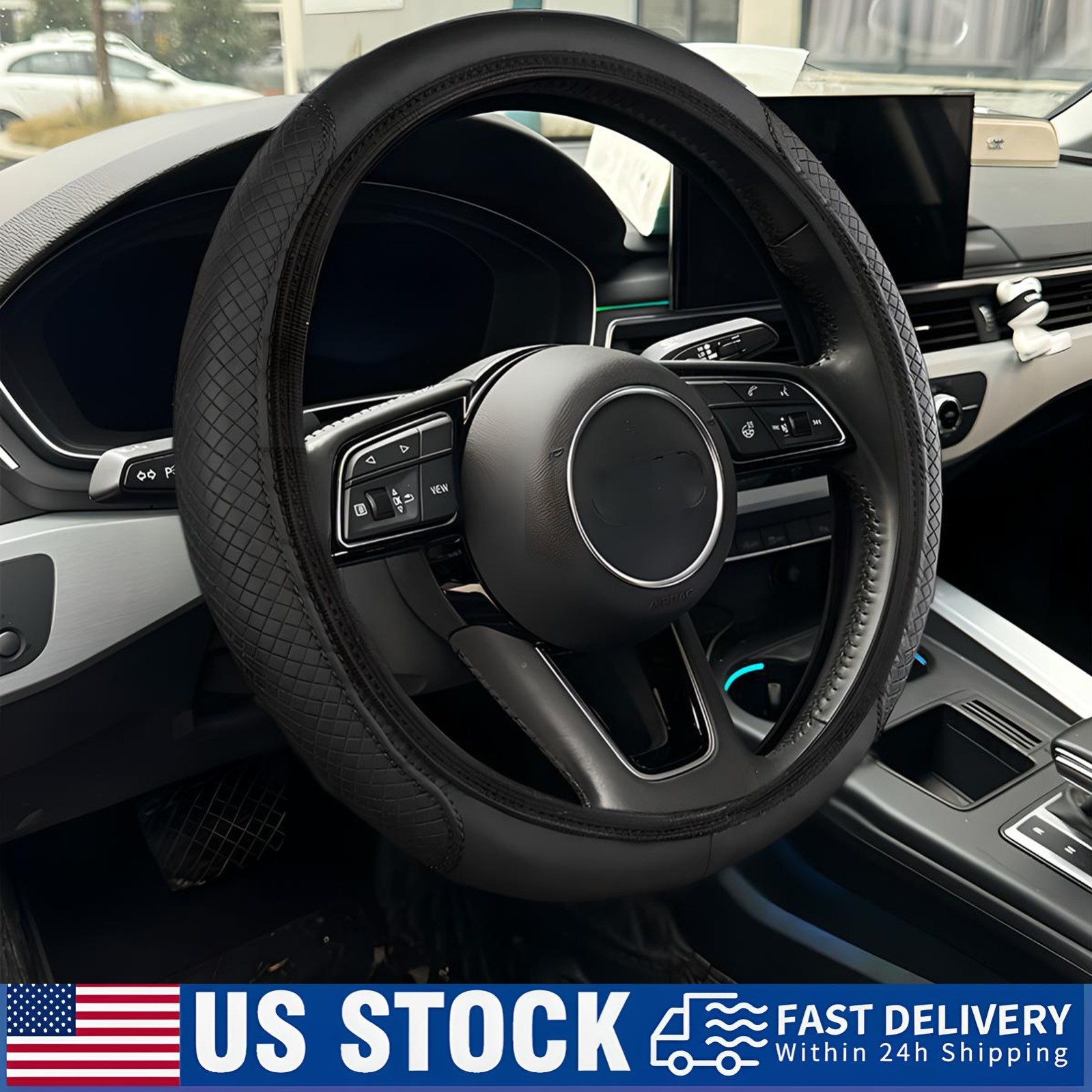 Fit 15"/37-38CM Car Leather Steering Wheel Cover Good Grip Car Accessories Black