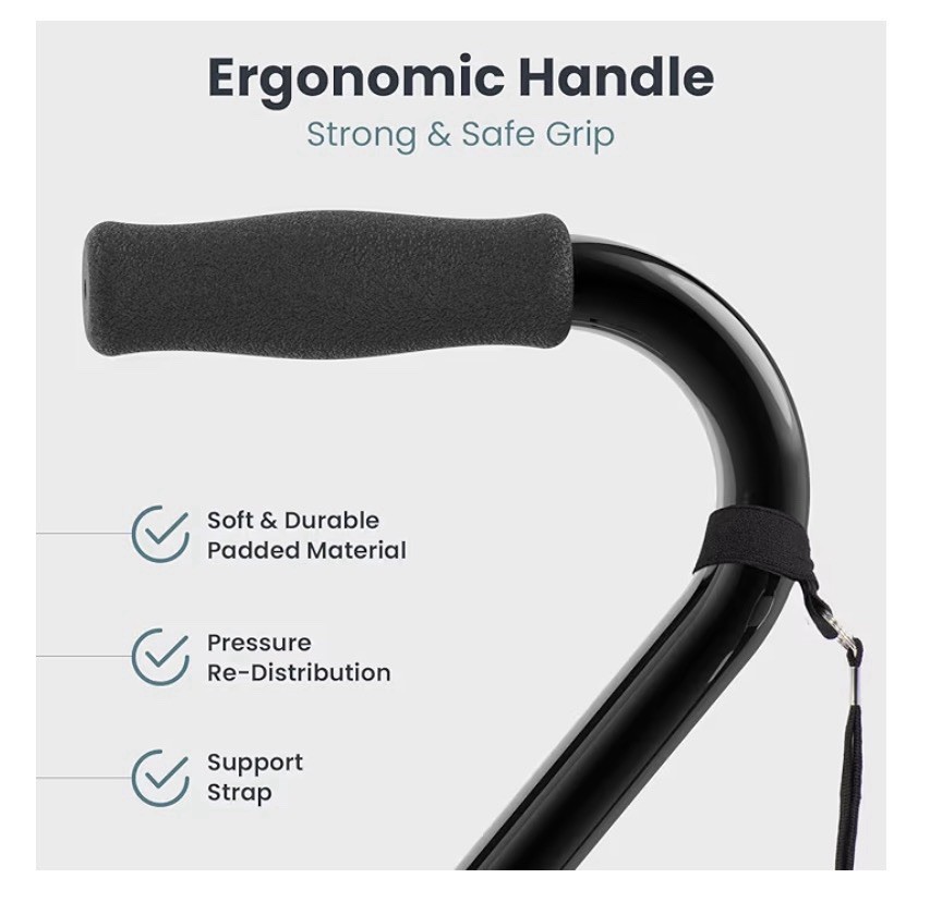 Pelegon Quad Cane Adjustable Height Lightweight Sturdy Black 300 lb