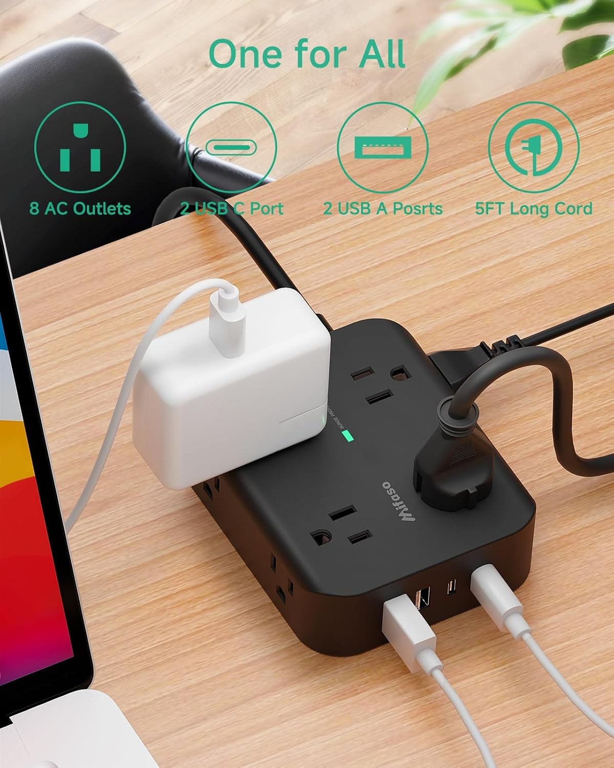 Power Strip Surge Protector - Flat Plug, Wall Mount, 8 Wide Outlets with 4 USB P