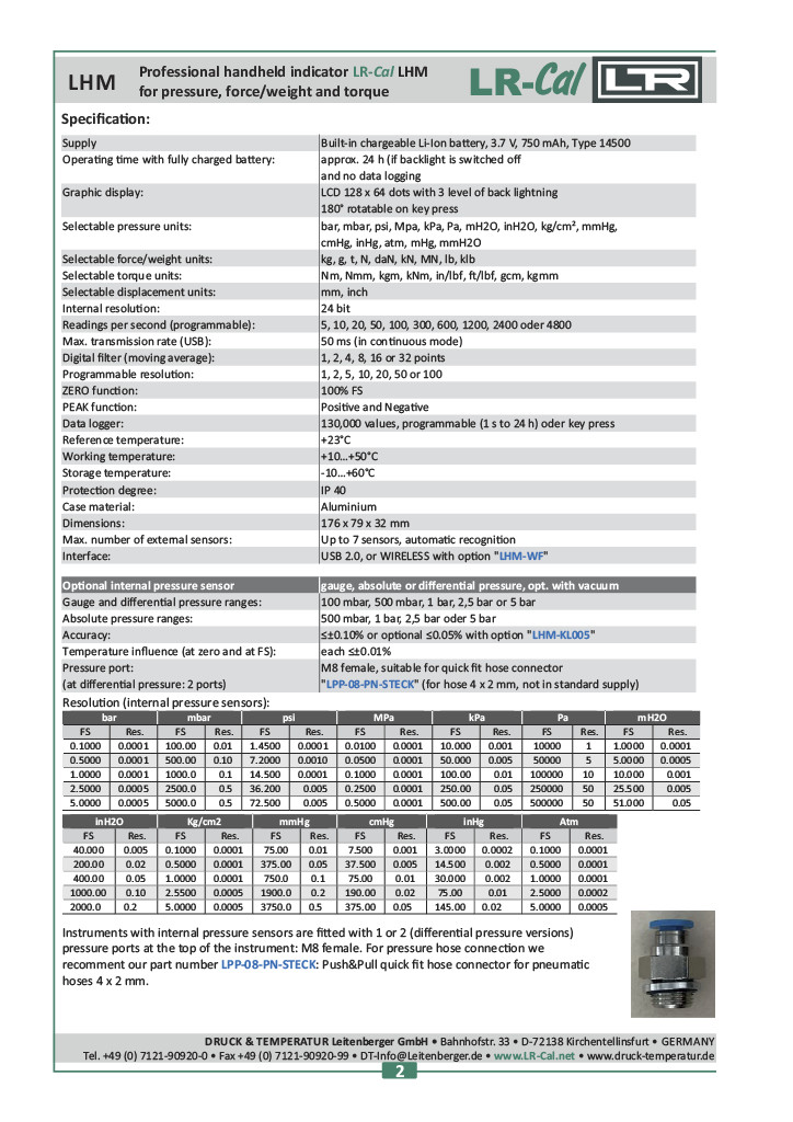 LR-Cal LHM DP Pressure / Torque Meter with Differential Pressure Sensor ±0.1%