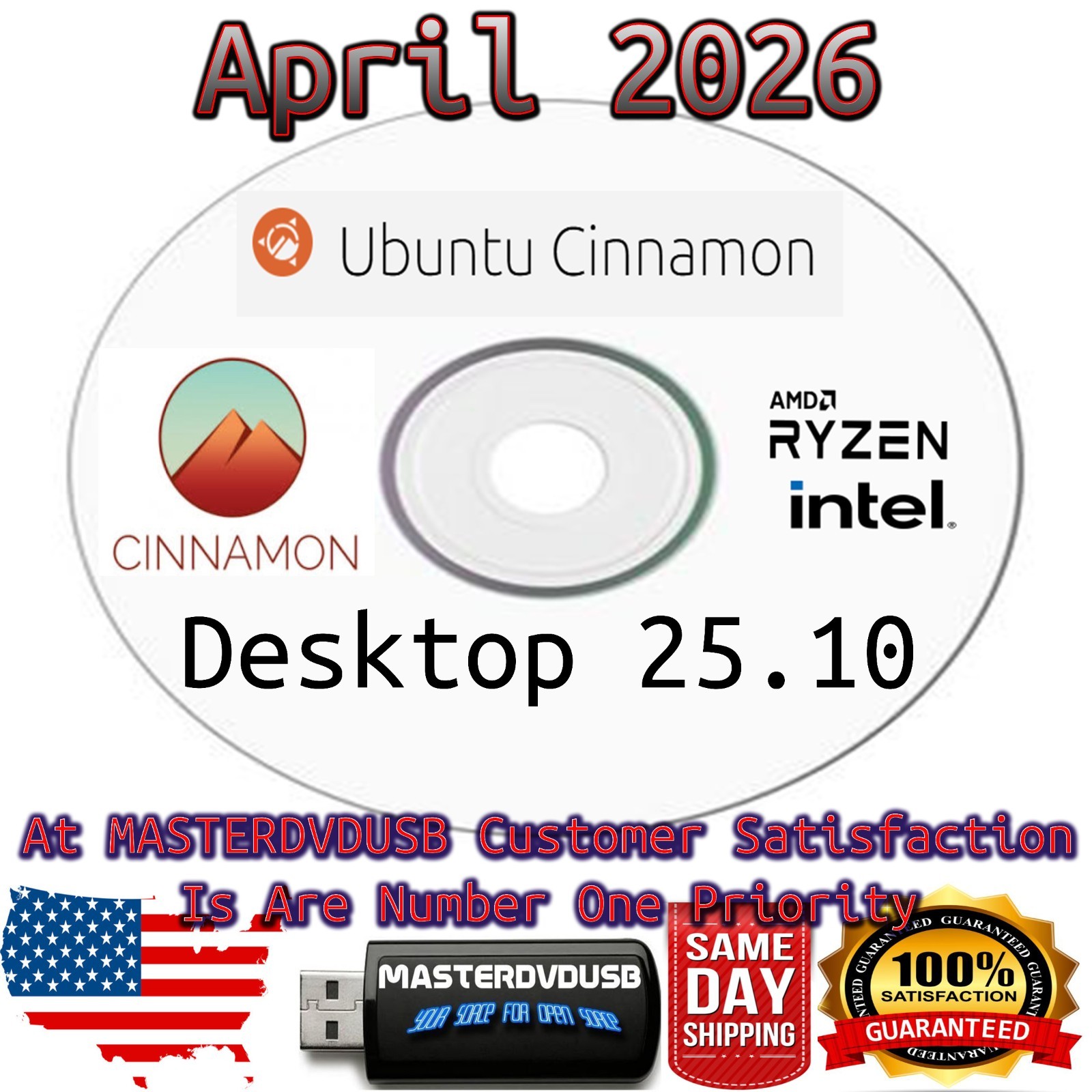 Ubuntu Cinnamon 25.10 Desktop – Bootable DVD Live/Installer Same-Day Shipping