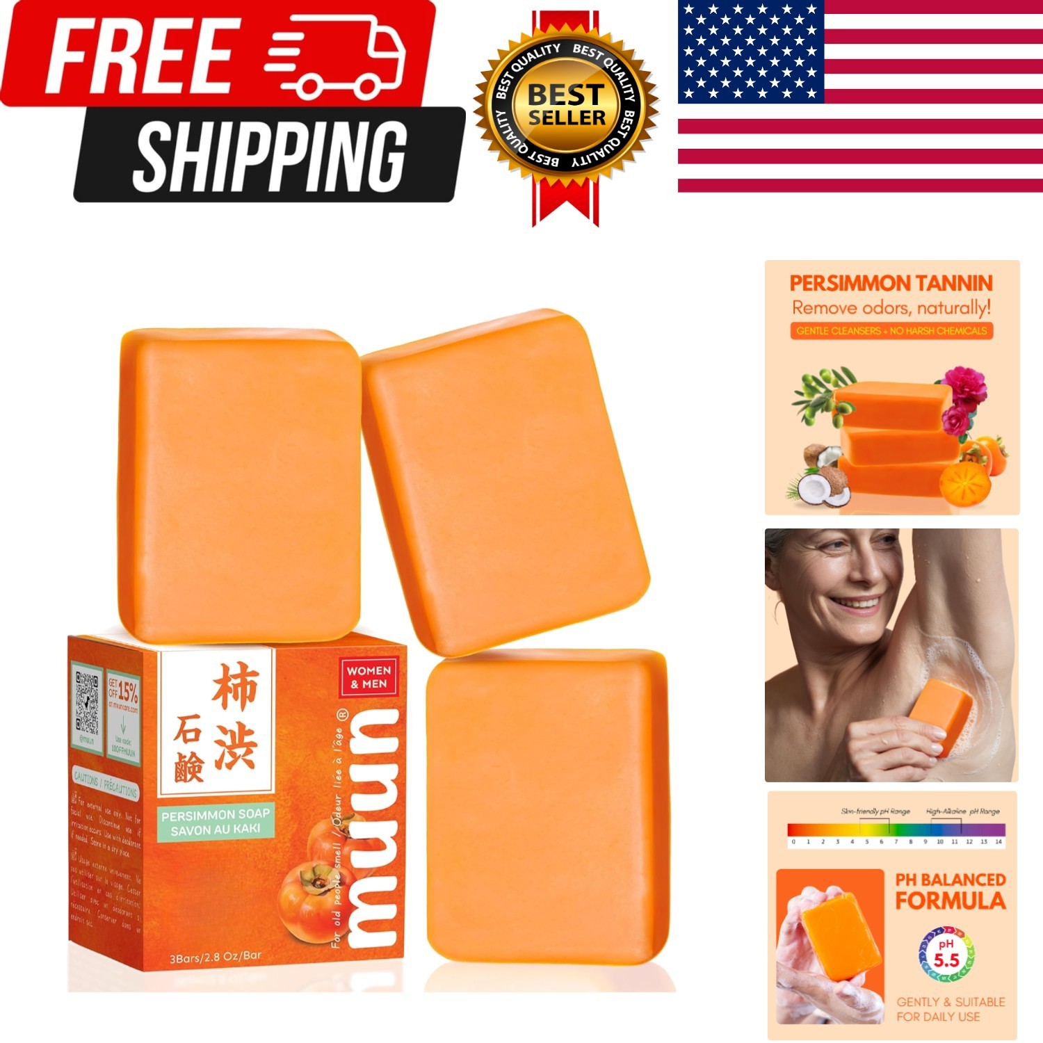Persimmon Soap Pack 3 For Old People Smell, Odor Control - Japanese Deodorant...
