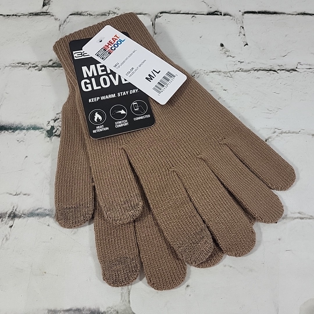 32 Degrees Heat Men’s Gloves M/L Basic Knit Hazelnut Brown Stretch NWT