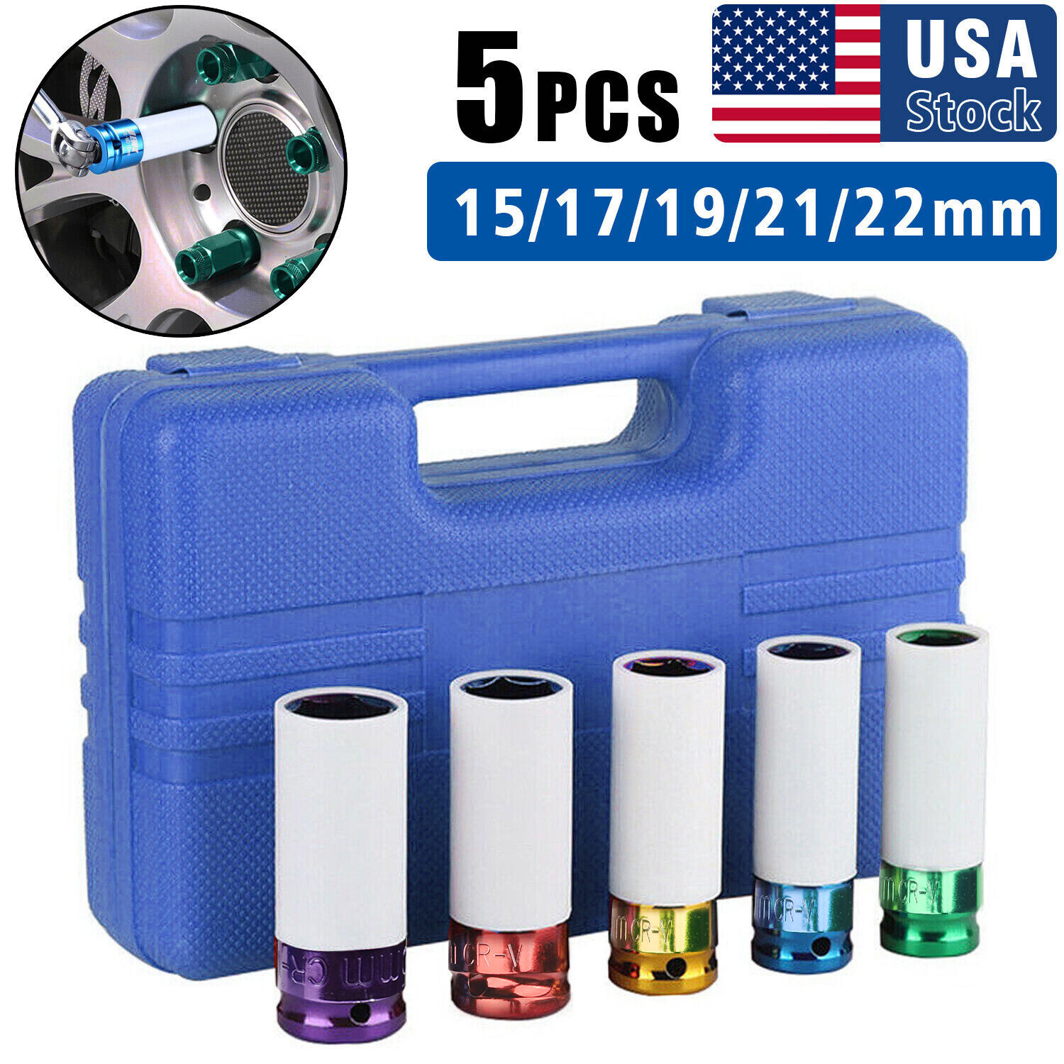 5PC Impact Drive Lug Nut Socket 1/2'' Thin Wall Wheel Rim Protector Set 15-22mm