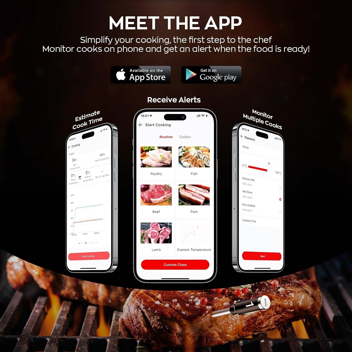 Smart Wireless Meat Thermometer with Dual Probes, Bluetooth & WiFi Combo, Rem...