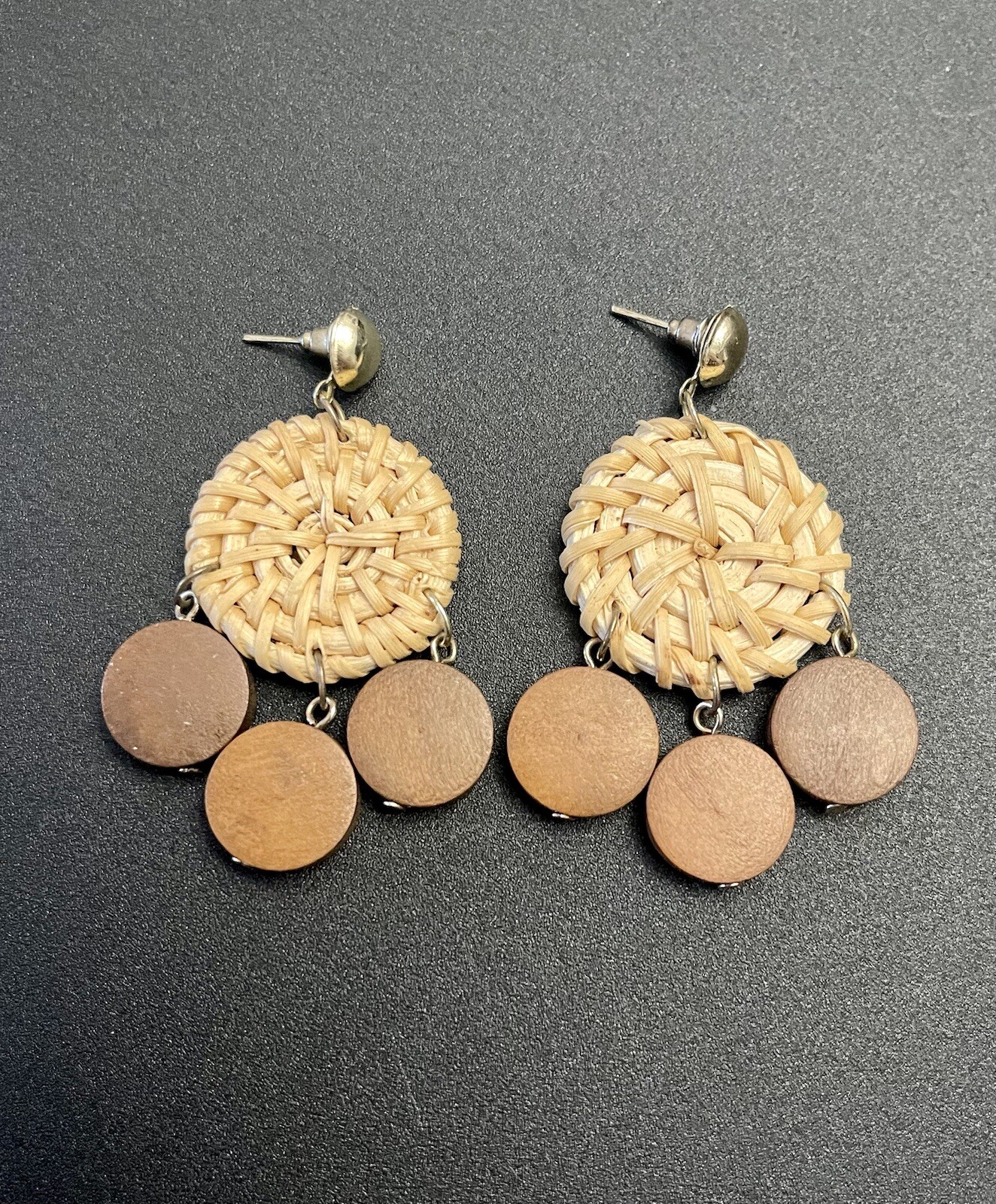 Retro Rattan Wicker Wood Dangle Pierced Earrings Boho