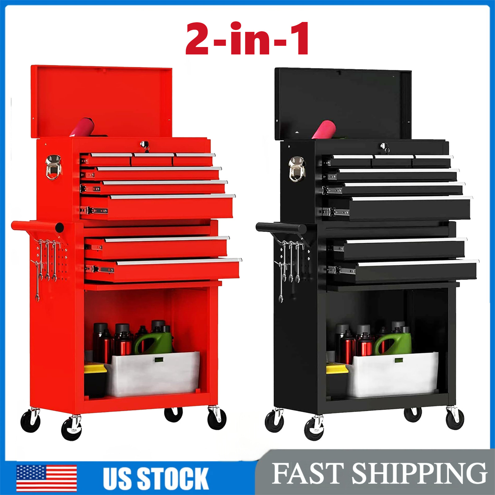 8-Drawer Heavy-Duty Rolling Tool Chest Cabinet Detachable Tool Box w/ Wheel Lock