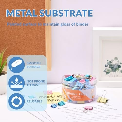 100 Count Binder Clips Assorted Sizes, Paper Binder Clips (0.6inch Multicolor