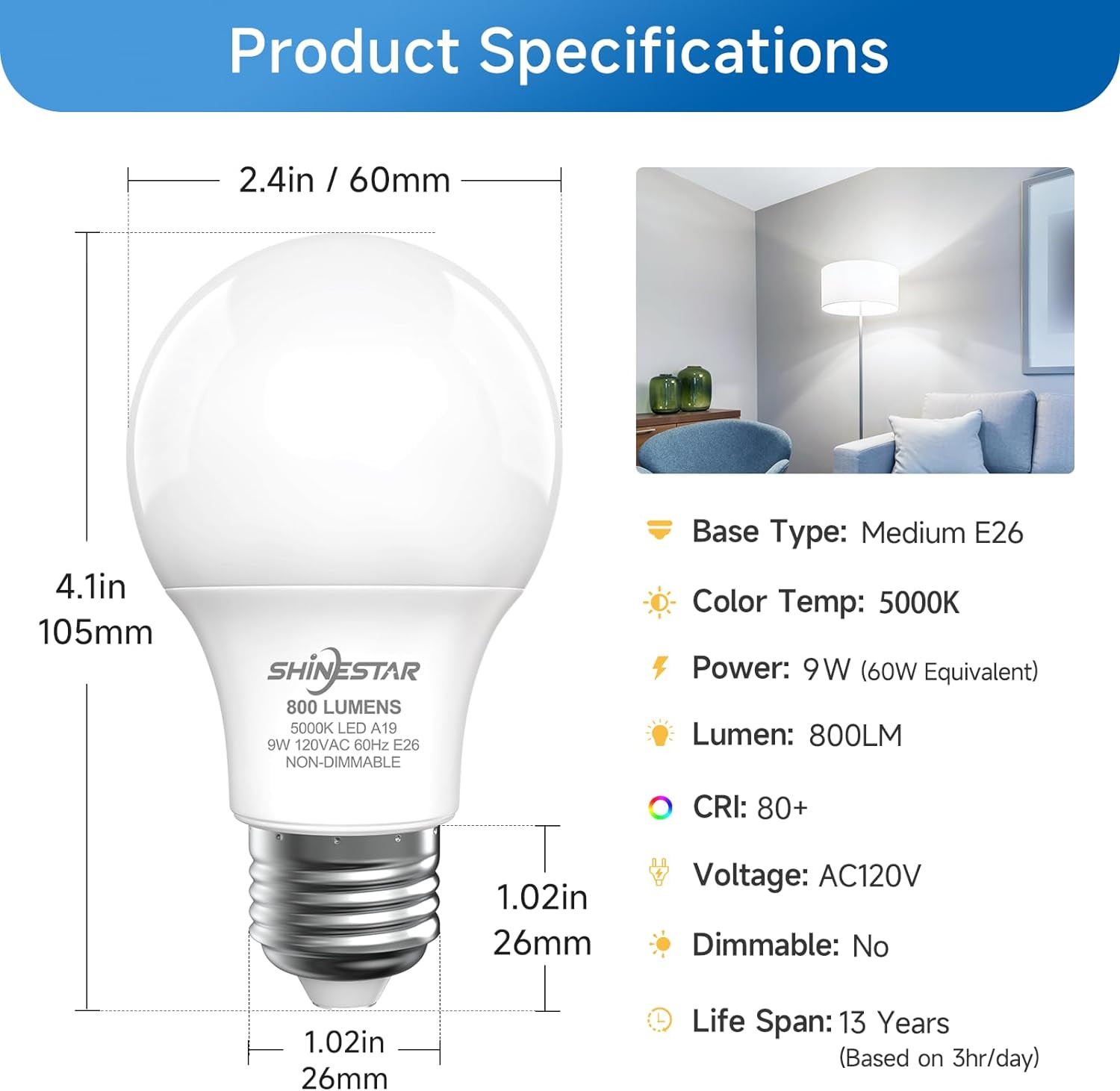 SHINESTAR A19 LED Light Bulb, 60 Watt Light Bulbs 5000K Daylight White, E26 Stan