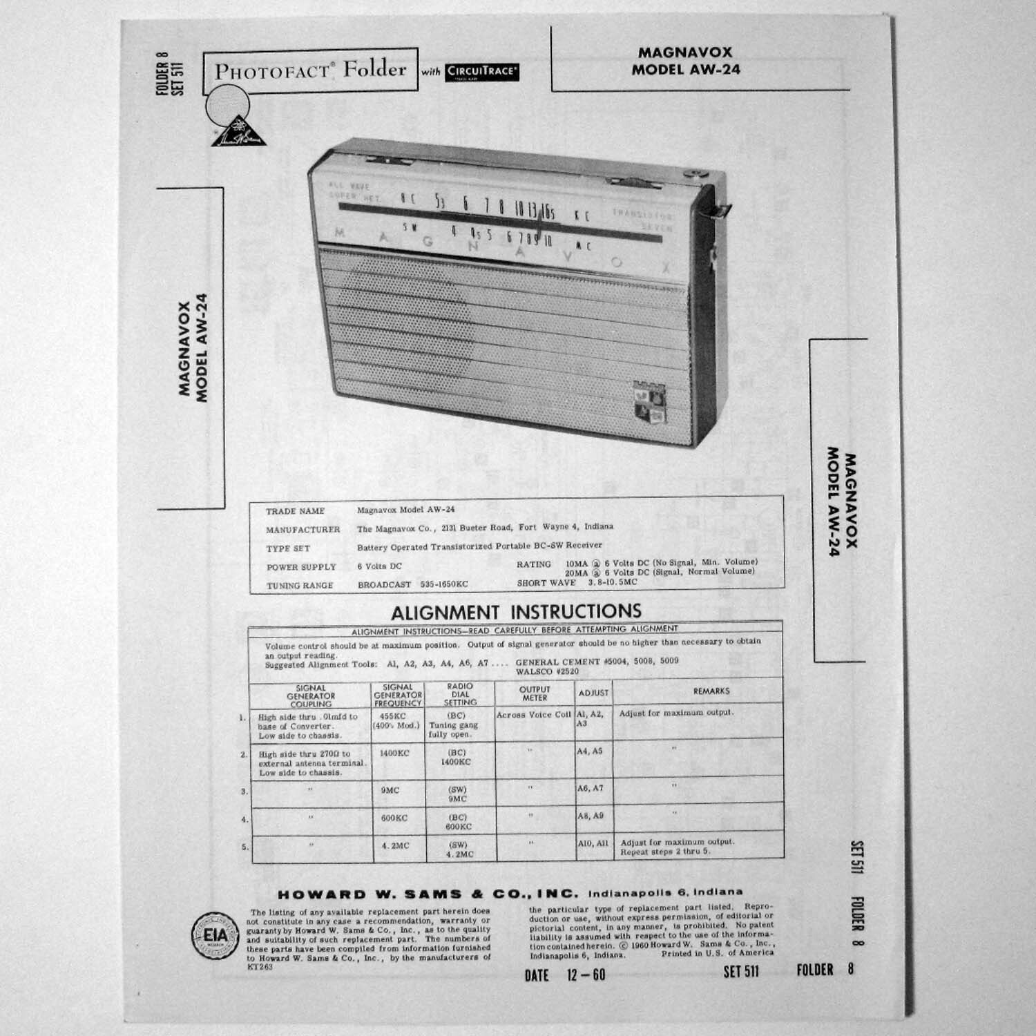 Magnavox Model AW-24 Portable BC SW Radio - SAMS Photofact ™ 1960 - New