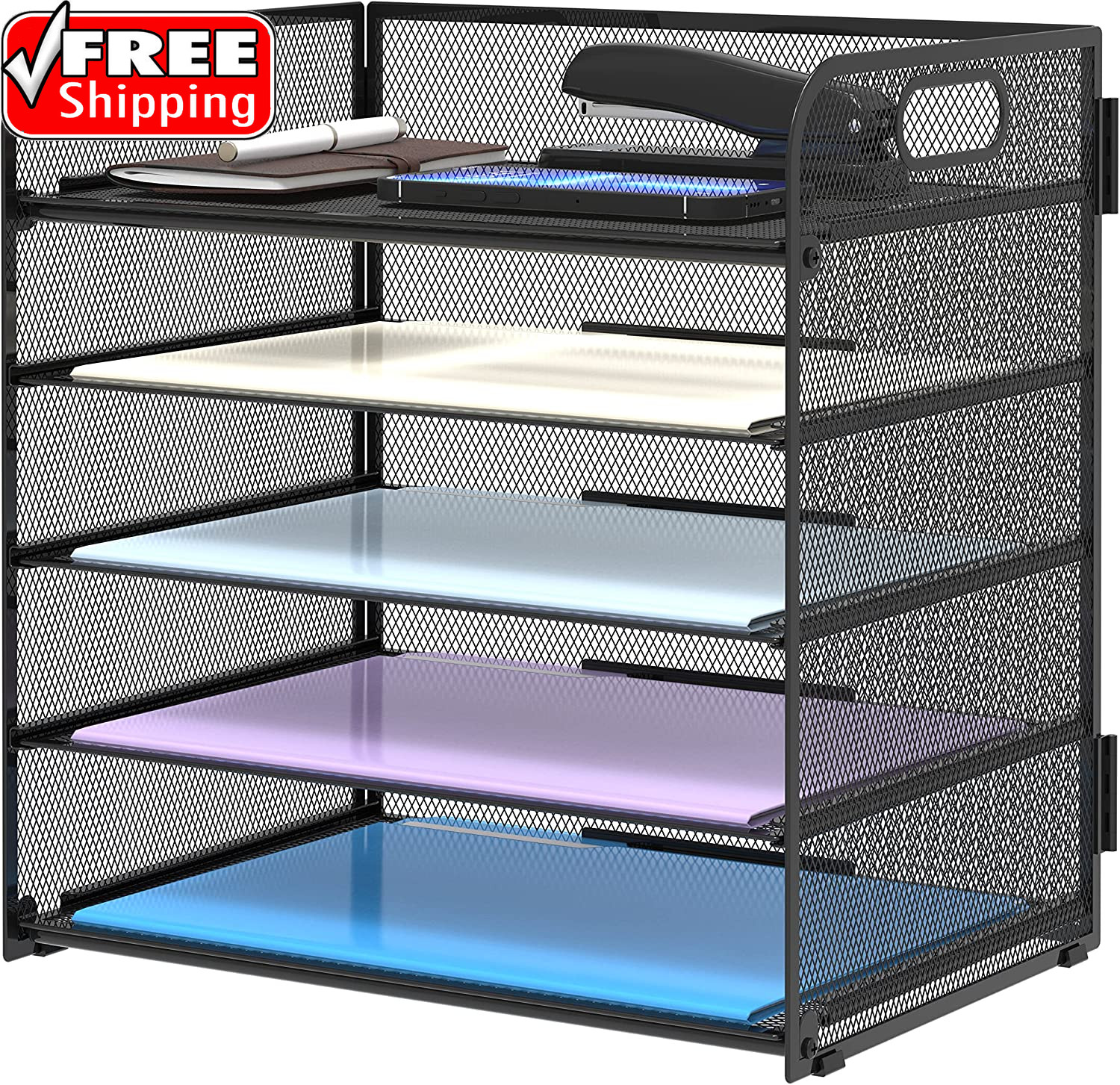 5 Trays Paper Organizer Letter Tray with Handle-Mesh Desk File Holders, Paper So