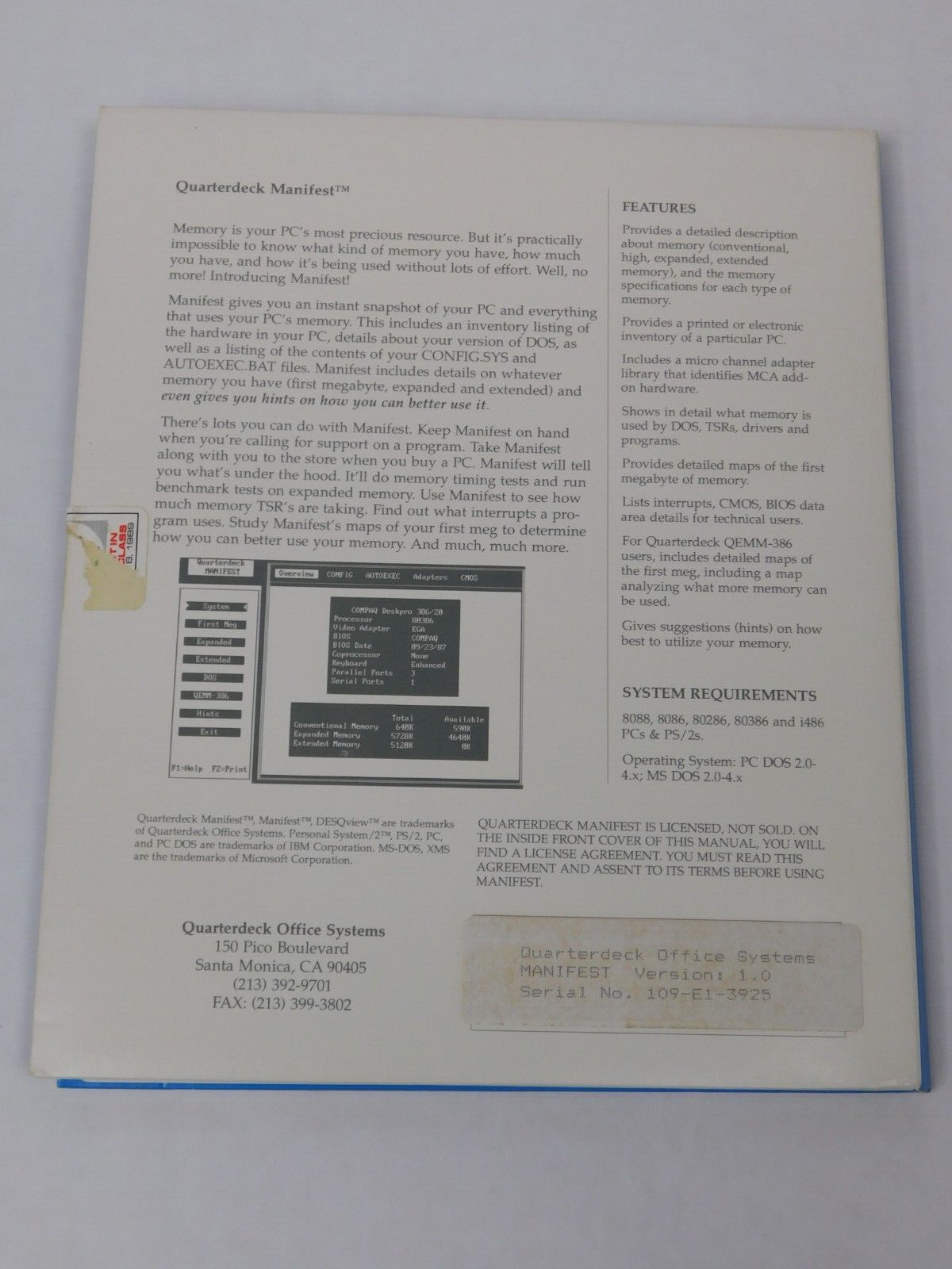 1990 Quarterdeck Manifest Version 1.0 3.5" Floppy Disk Software