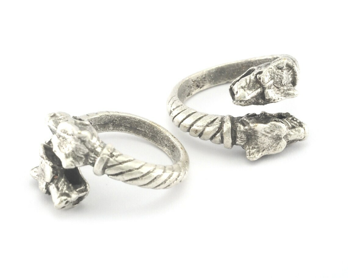 Dog Pitbull Head Ring Adjustable Ring Antique Silver Plated Brass 4015