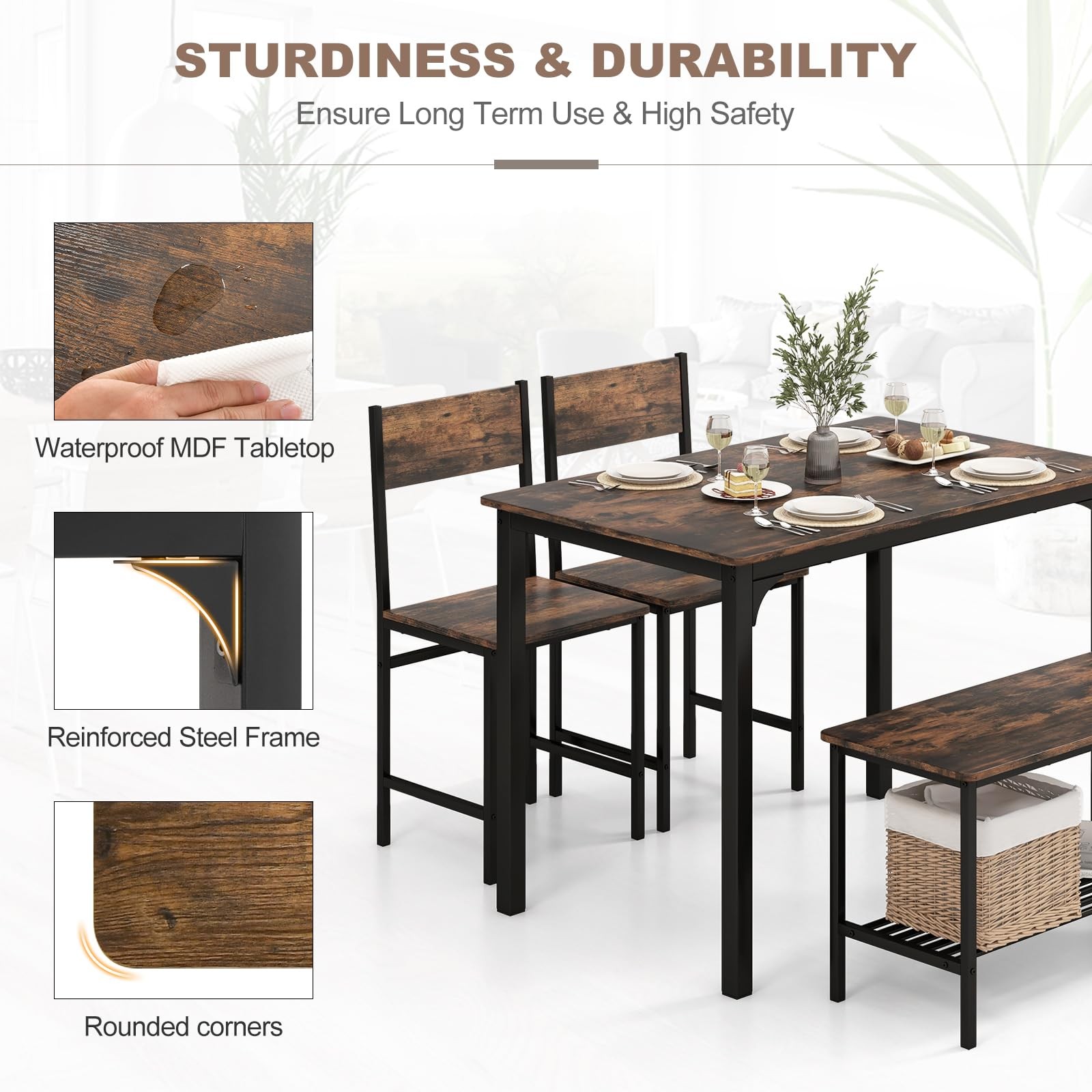 Dining Table Set for 4 Modern Industrial Kitchen Table with Bench Chairs