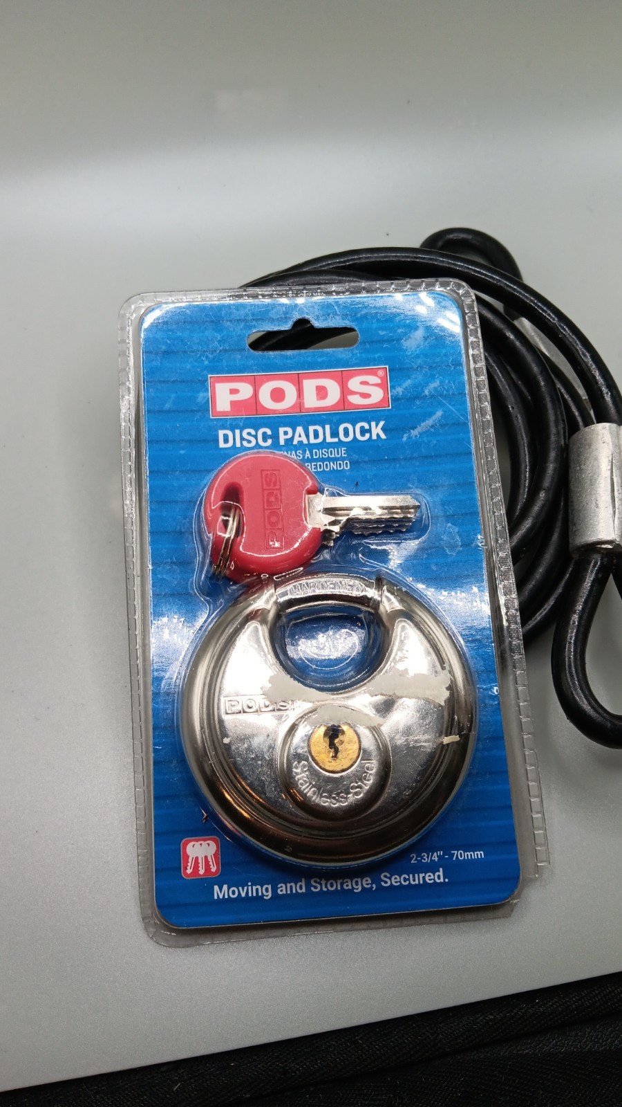 PODS Padlock Stainless Steel Heavy Duty  3 Keys w/Round Disc Lock includes cable