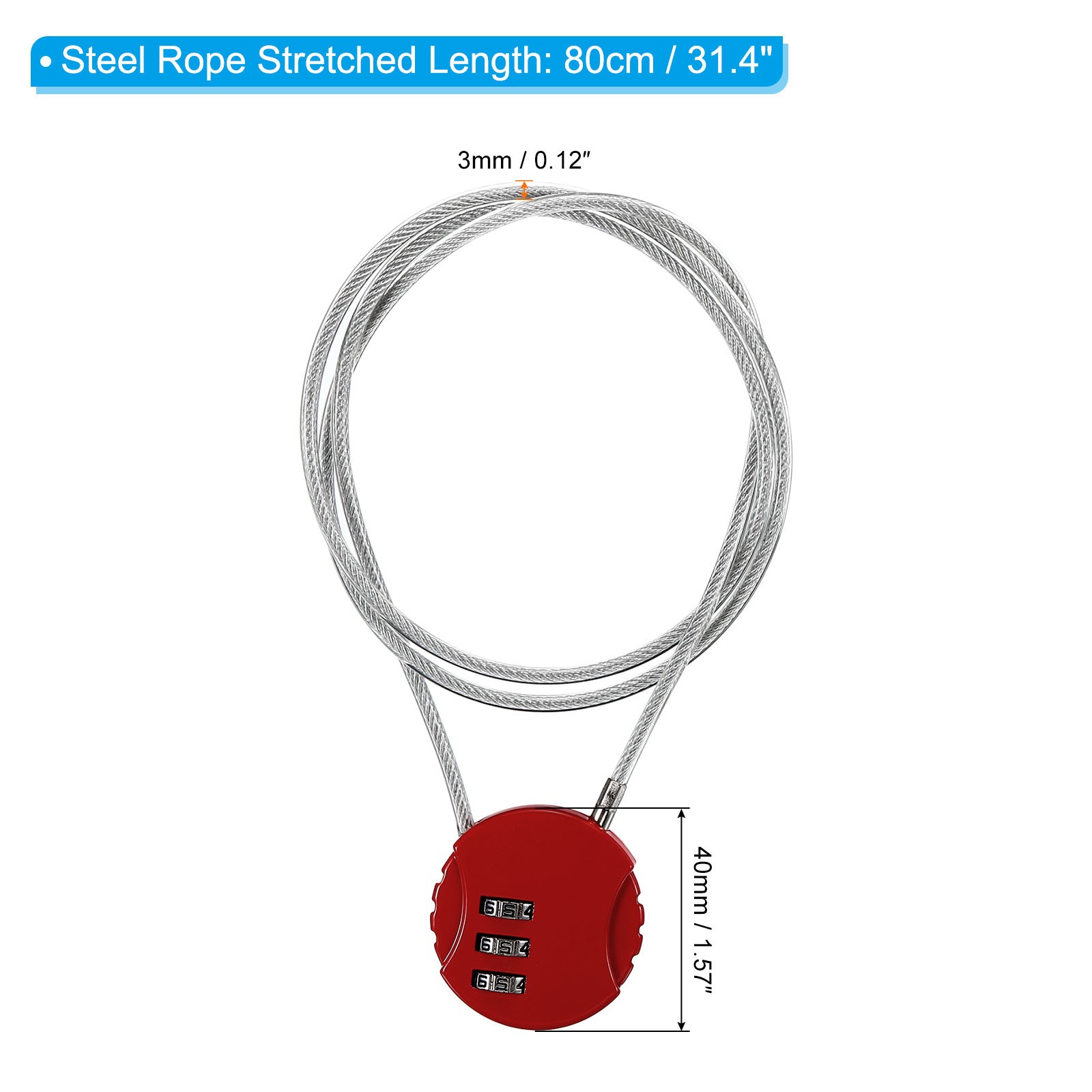 Small Combination Block 31.4", 1pc 3 Digit Luggage Lock, Red