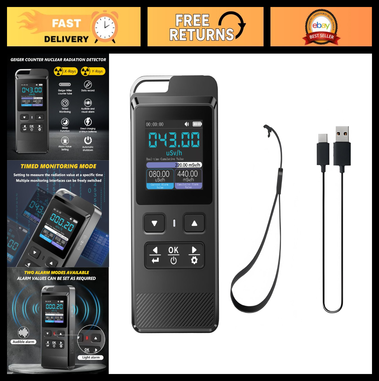 Portable Radiation Detector - Geiger Counter, Gamma & X-ray Meter, Rechargeable,