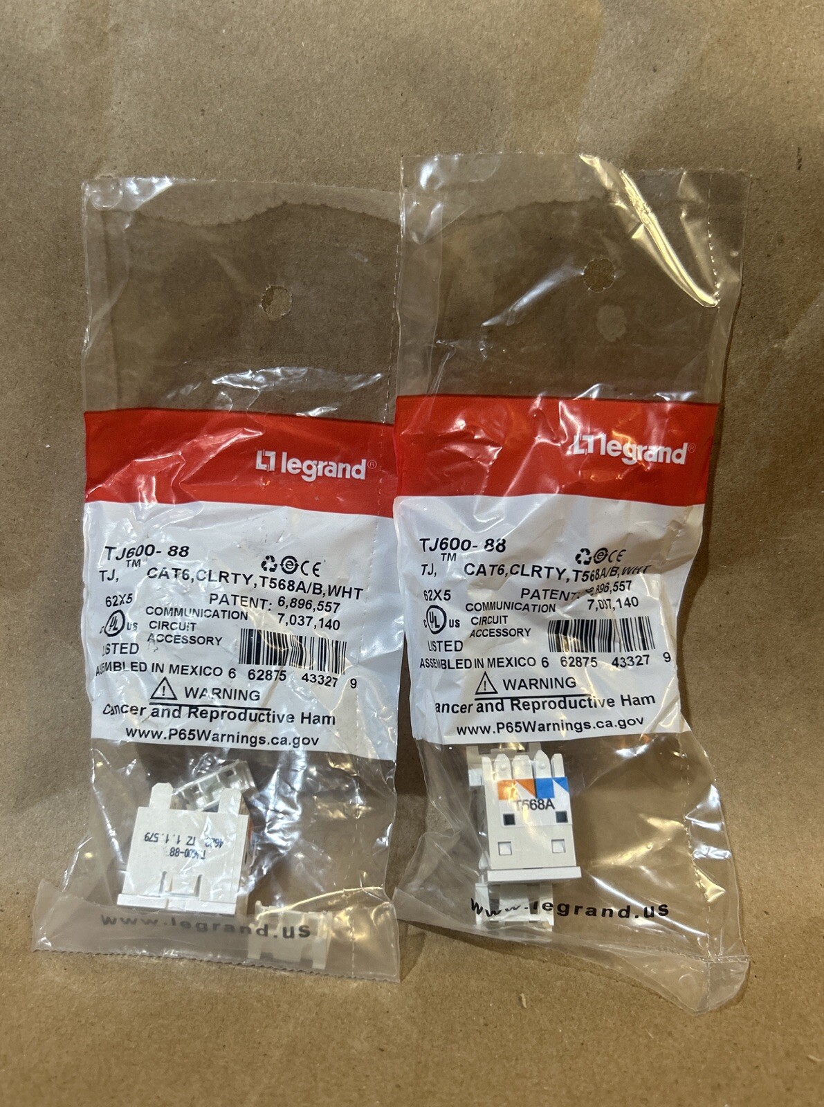 (LOT OF 2) Legrand TJ600-88 Clarity, TracJack, TM, T568A/B, White, Flush