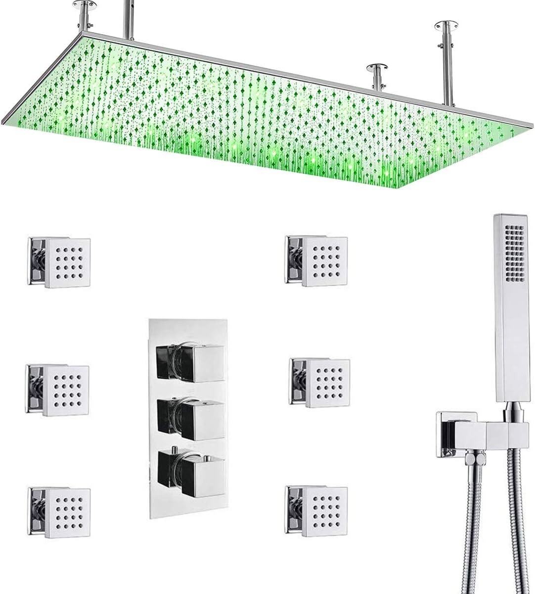 Thermostatic Shower Faucet Set 16x32" LED Rain Shower Head Massage System Chrome