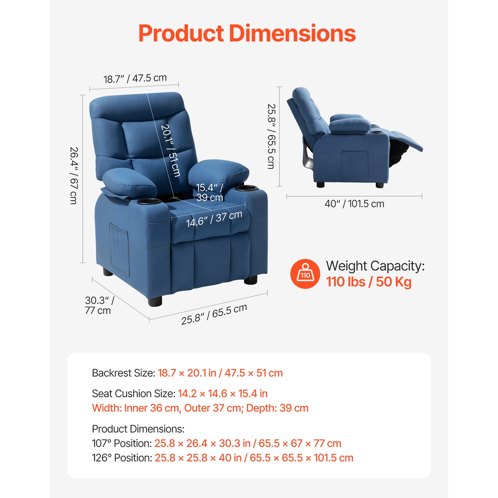 Uimoso Kids Reclining Chair Toddler Recliner with Cup Holders and Pockets (Blue)