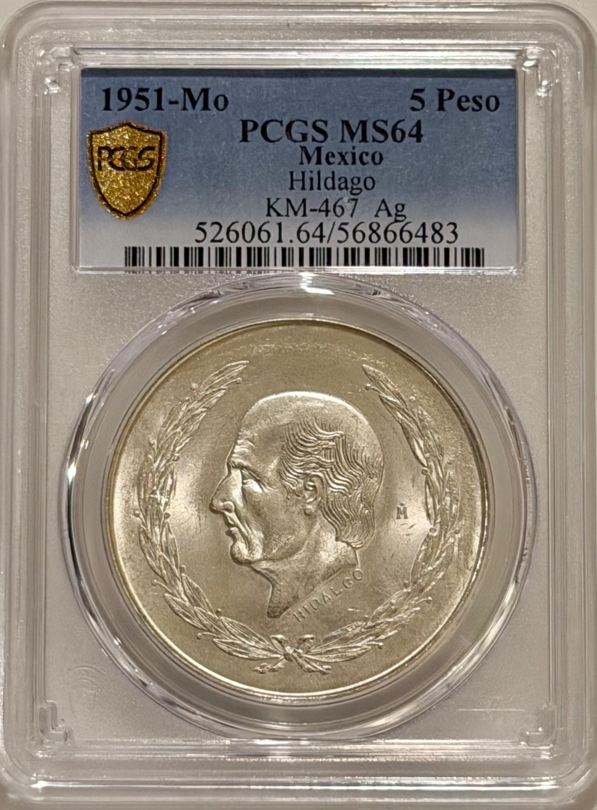 1951 Mo Mexico Silver 5 Pesos Hidalgo PCGS MS64 Gold Shield