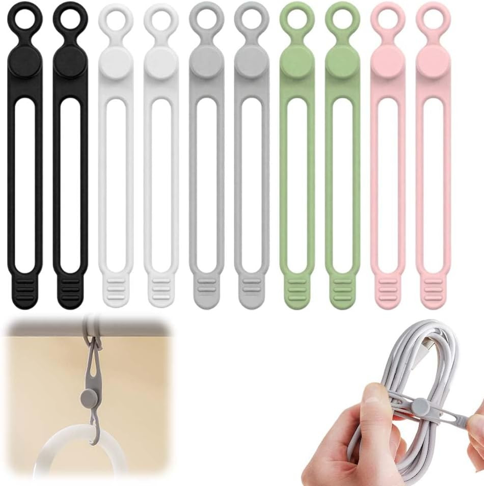 10PC Data Cable Organizer, 2026 Upgrade Silicone Cable Ties Reusable Cable Manag