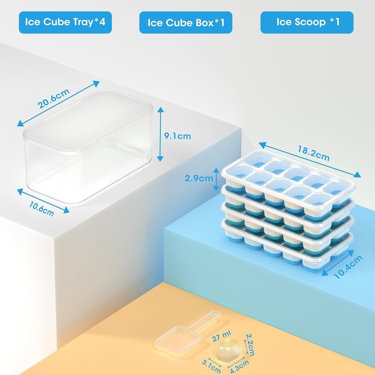 DOQAUS Ice Cube Tray with Lid and Bin - 4 Pack Silicone Ice Cube Trays for Freez