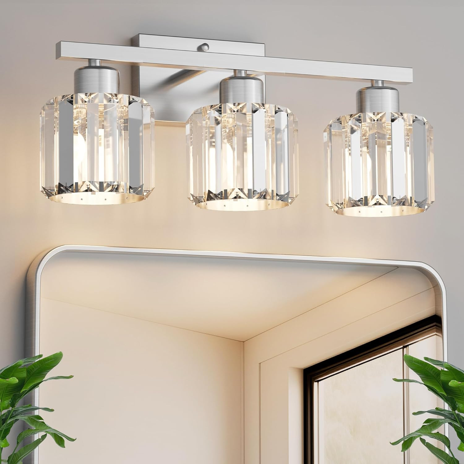 3-Light Bathroom Light Fixtures over Mirror, Brushed Nickel Crystal Wall Sconce
