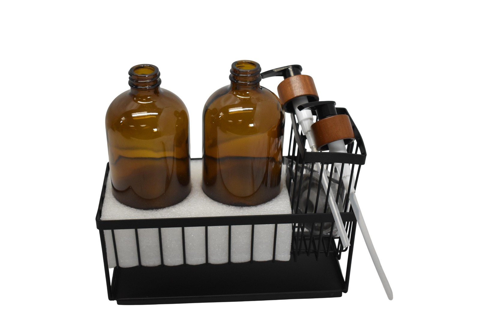 Cisily Kitchen Soap Dispenser Set Type B Amber Glass Bottles Black Caddy Sink