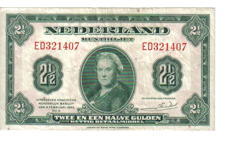 NETHERLANDS, 2-1/2  GULDEN, Queen @ ctr, 1943
