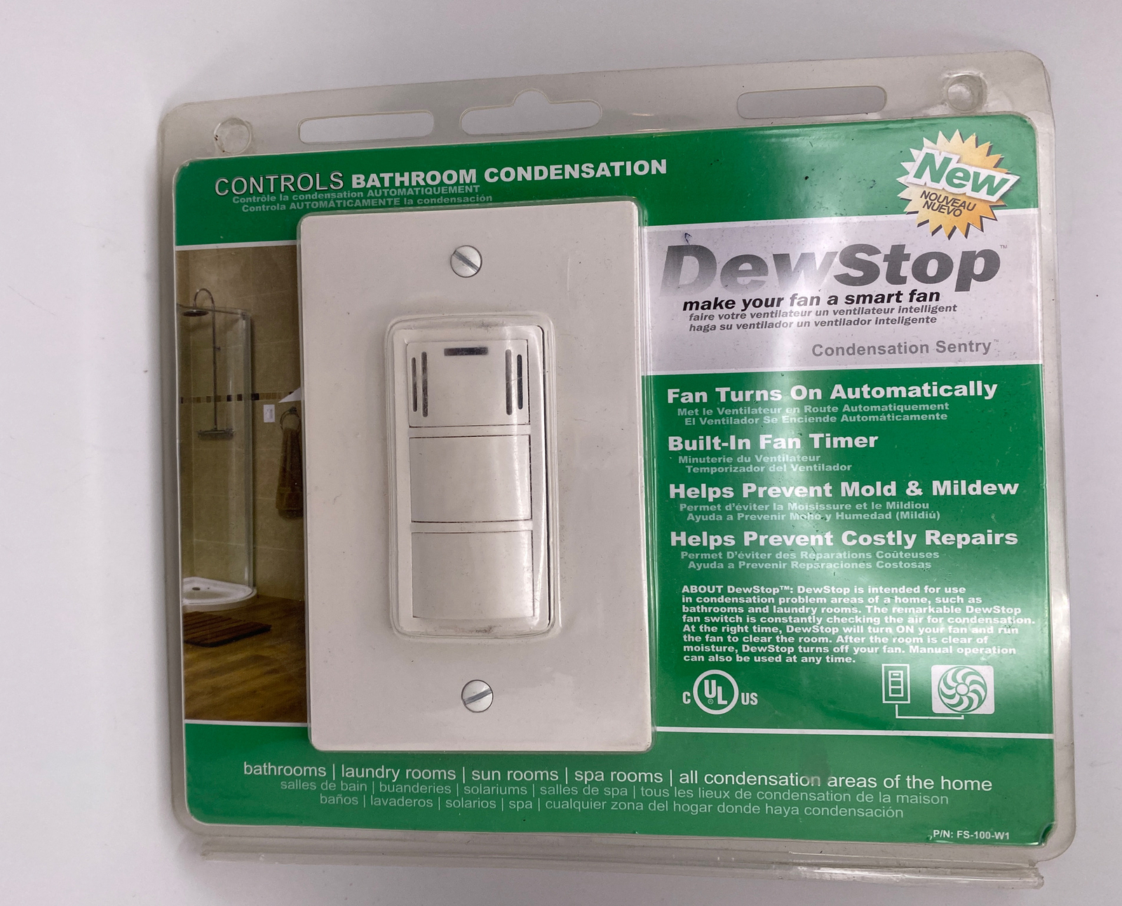 DewStop Fs-100-W1 Humidity & Condensation Sensing Bath Fan Control White