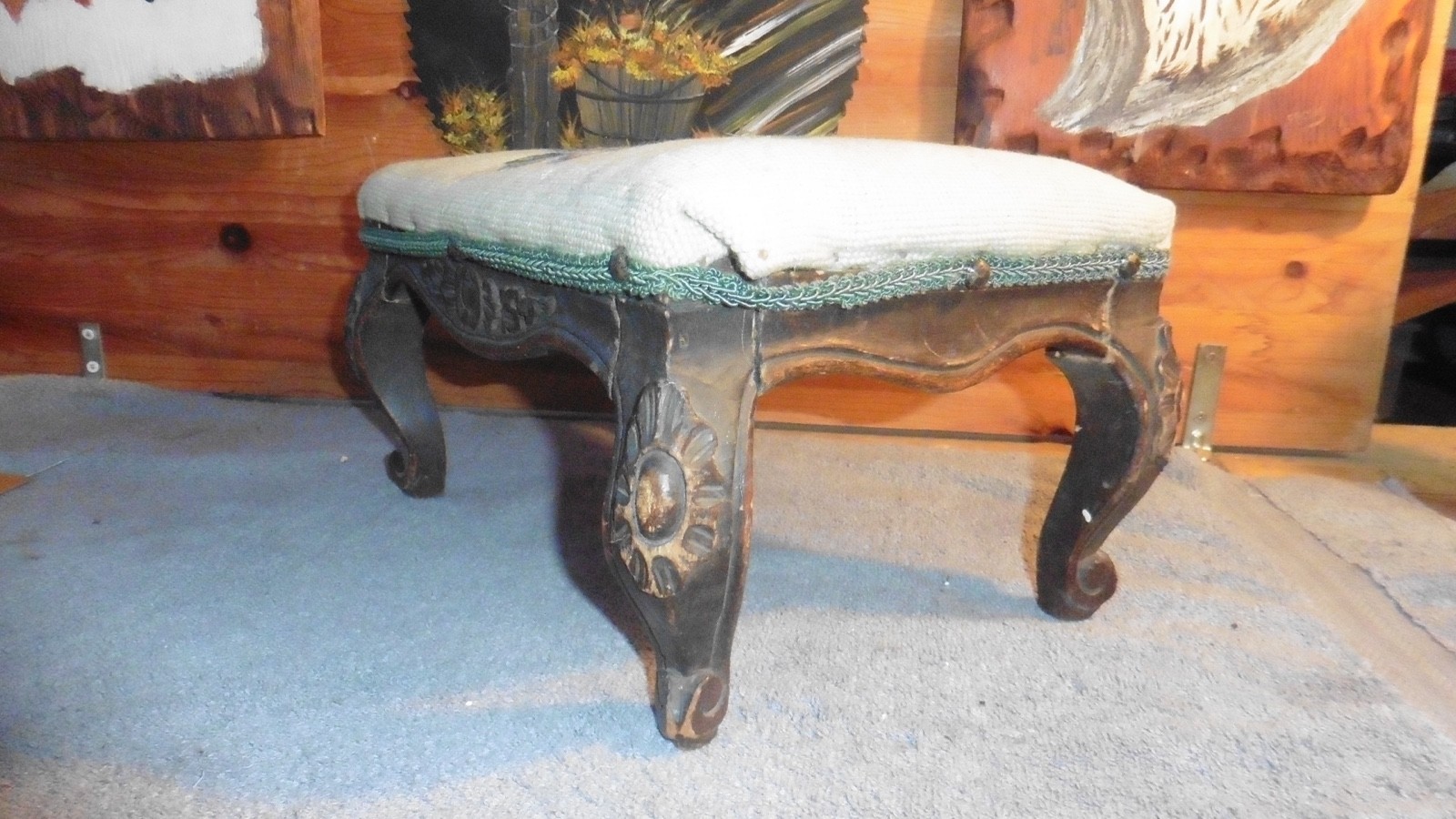 Vtg Needlepoint Footstool Bench Stool Floral Sewing Embroidery Pattern 14"x7.5"