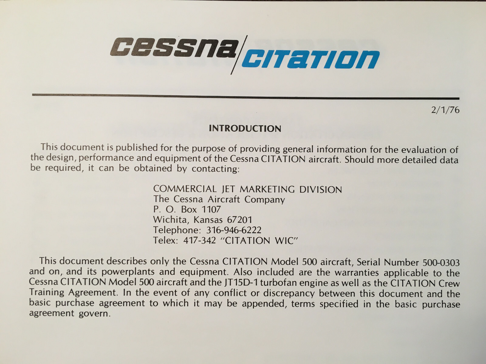 Cessna Citation Model 500, sn 0303 & On, Specification/Description Booklet