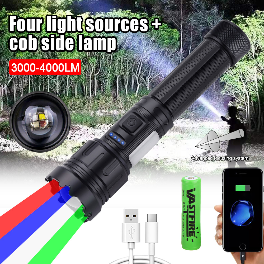 Multicolor LED Flashlight 4 in1Rechargeable  White/Red/Green/Blue Hunting Light
