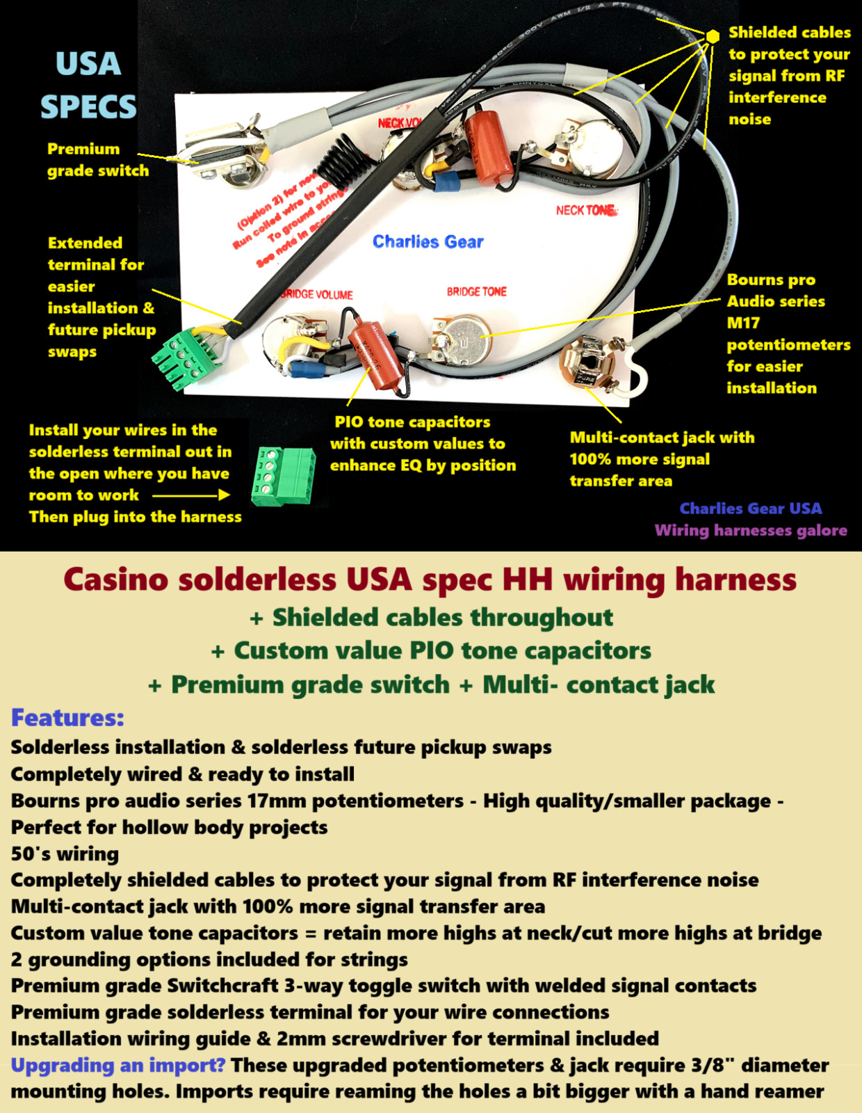 Casino Solderless Wiring Upgrade Upgraded +PIO Tone Caps +USA Spec Components