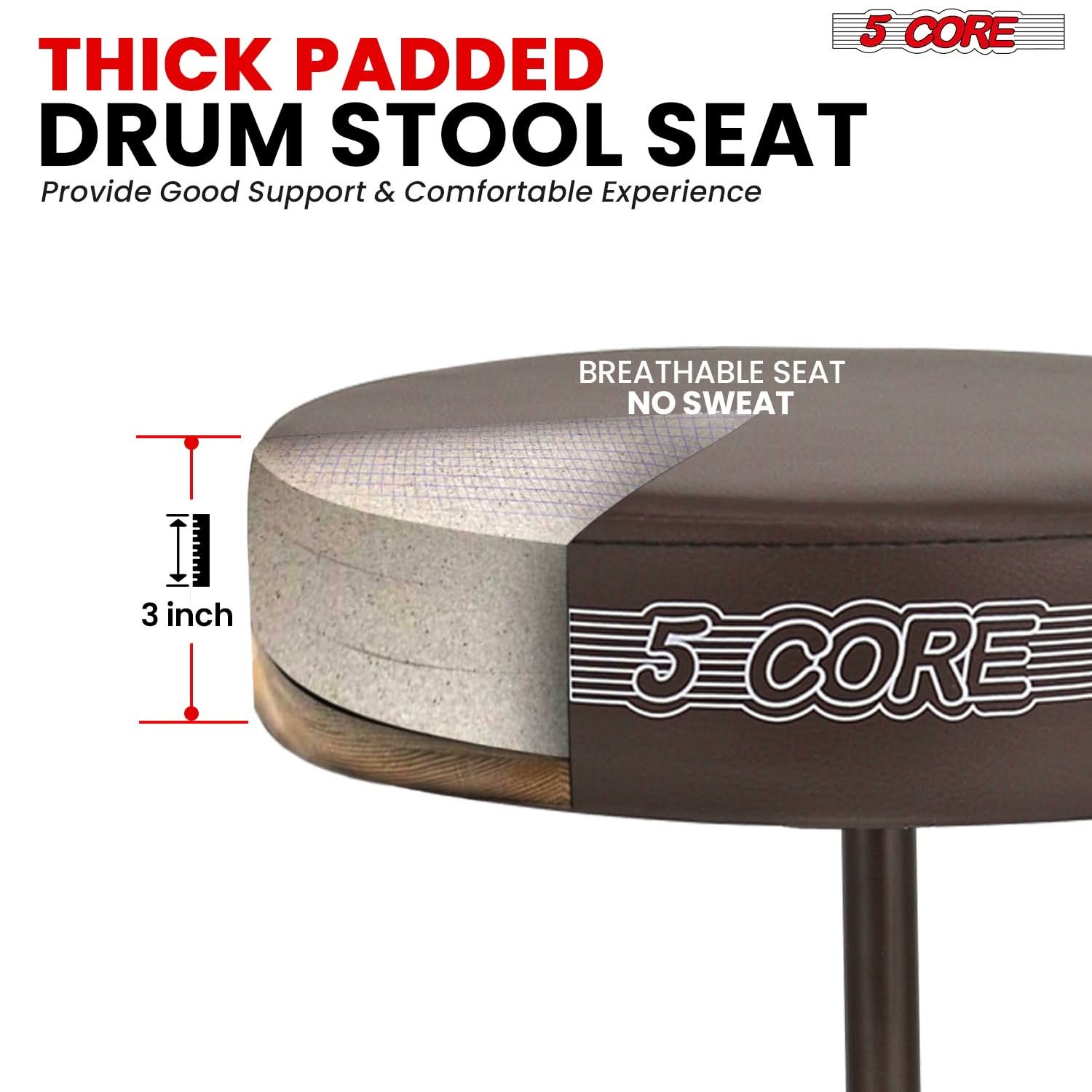 5 Core Drum Throne 3" Padded Comfortable 330Lb Capacity Drummer Stool Adjustable