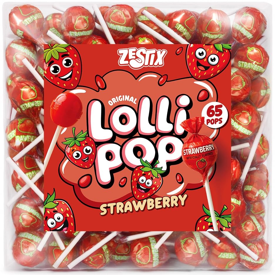 Strawberry Lollipops – 65 Count Bulk Candy Pack, Individually Wrapped Suckers...