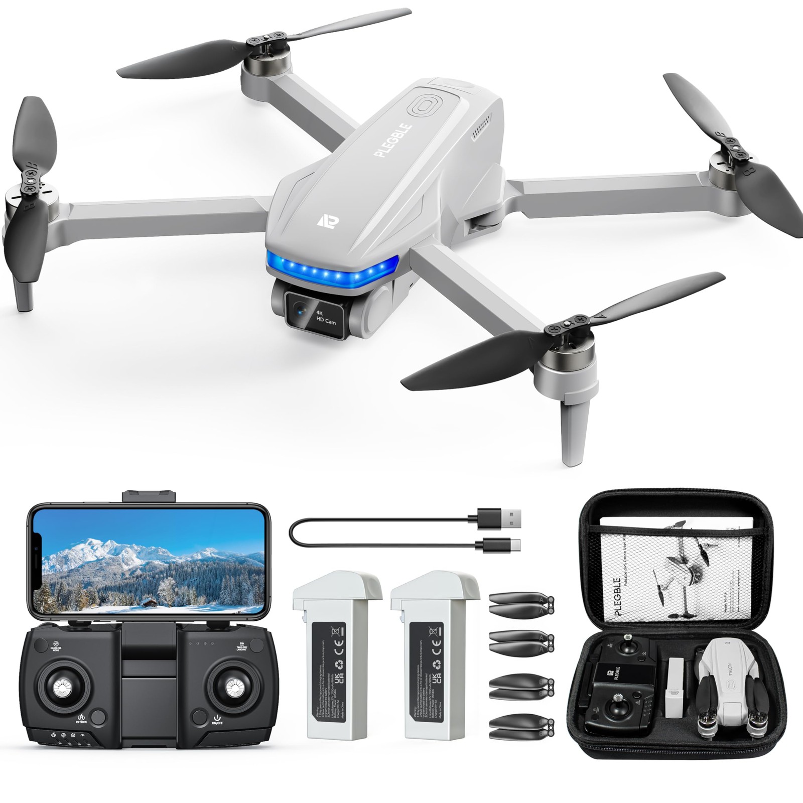PLEGBLE Drones with Camera for Adults 4K, GPS Drone, One-Key Auto Return Grey