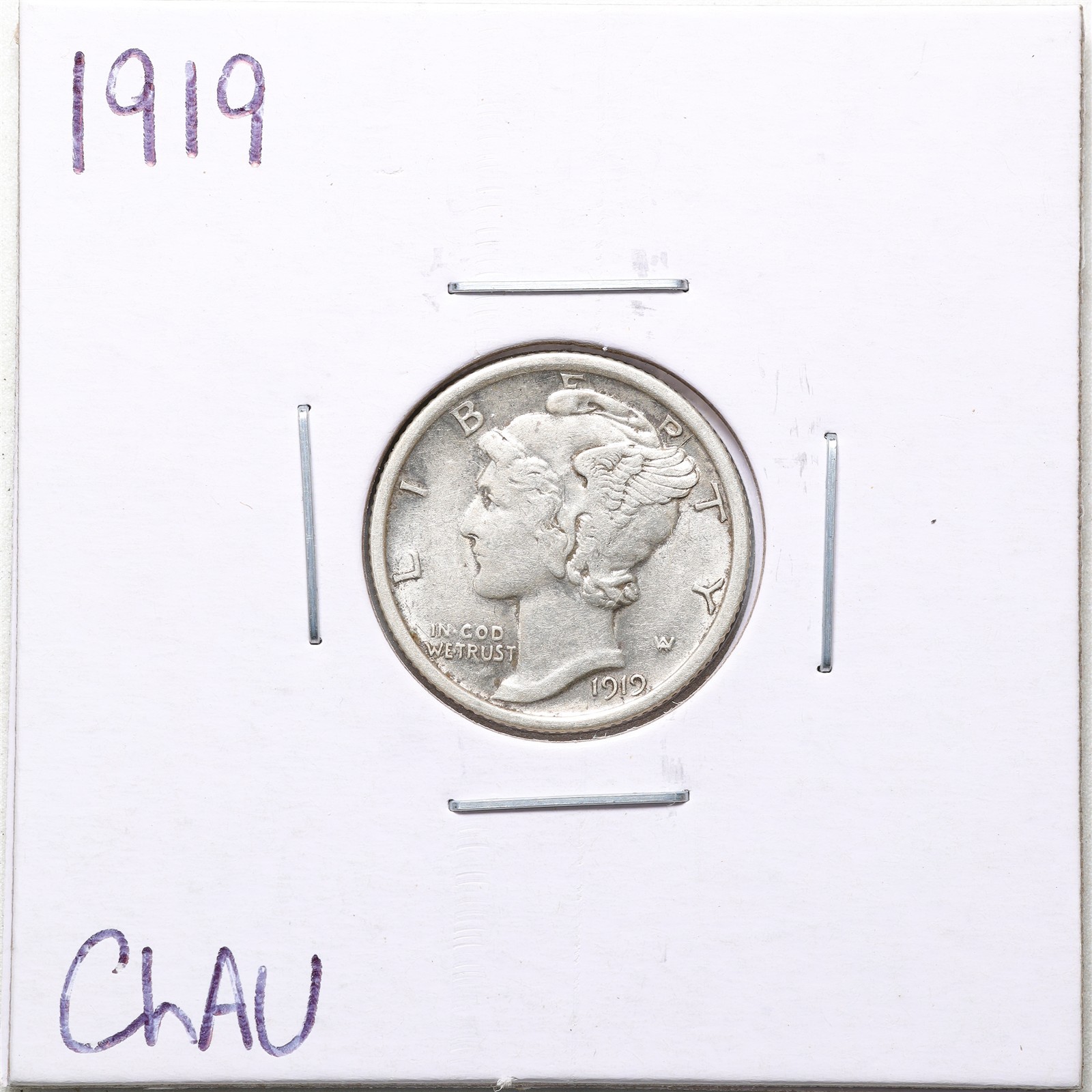 1919 10C Mercury Winged Liberty Silver Dime in Choice AU Condition #6694