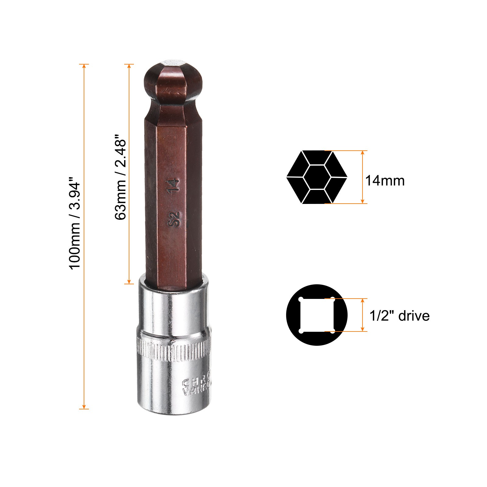 2pcs 14mm Ball End Hex Bit Socket 1/2" Square Drive Metric Extension Impact Bit